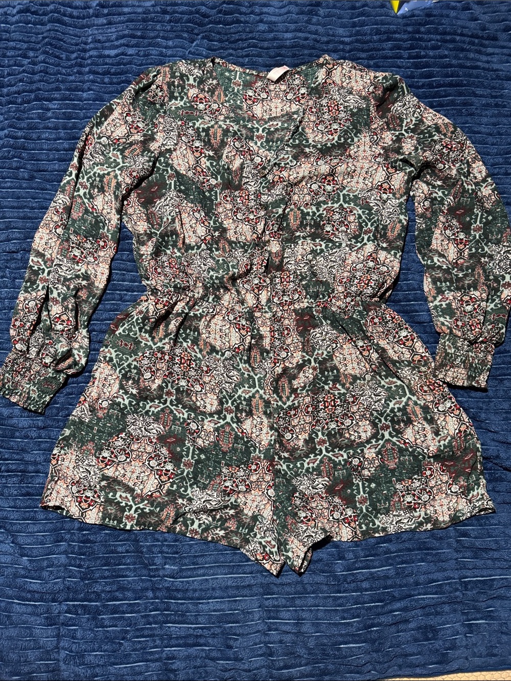 Xhilaration Green Printed Long-Sleeve Romper